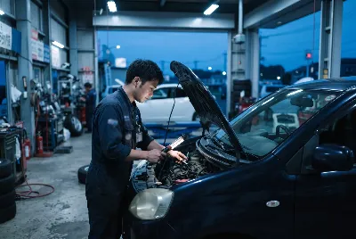整備工場で自動車を点検・整備している様子